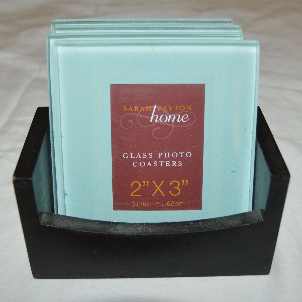 Sarah Peyton Home 4 Glass Photo Coasters With Wooden Holder Set